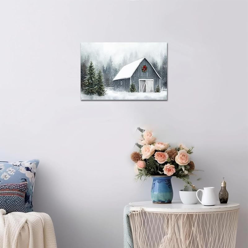 KVTM Winter Canvas Prints Wall Art - Barn in Snow 12x18, Rustic Winter Landscape (Winter Canvas25+18"L x 12"W")