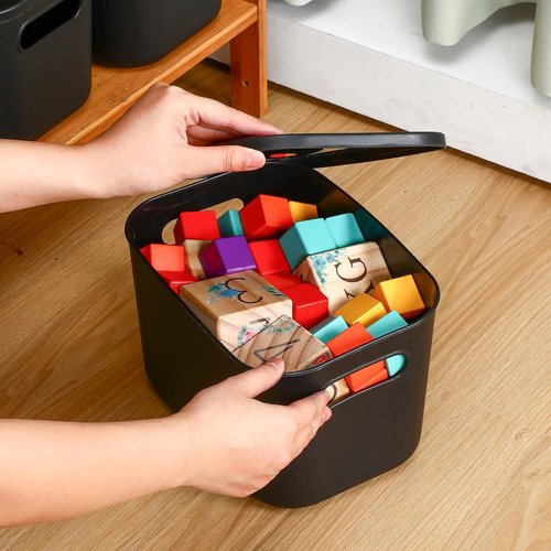 Hoolerry Colorful Storage Bins - 8 Piece Stackable Plastic Organizing Containers with Lids | Black, 9.8 x 7.1 x 6.3 Inch
