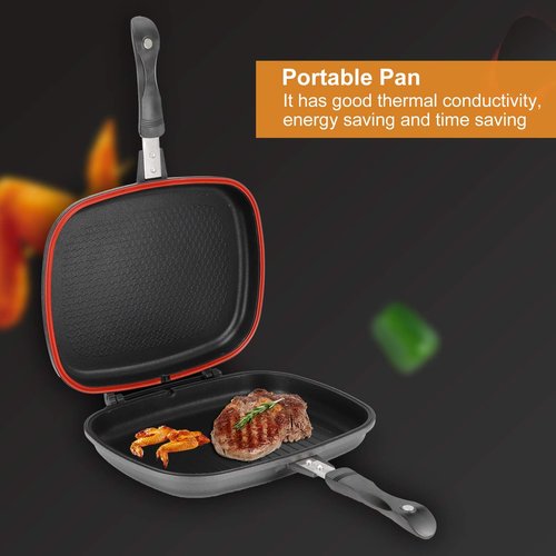 Acouto Portable Double Sided Grill Pan with Anti Burn Handle 32cm Aluminum Cooking Pot for Delicious and Nutritious Meals