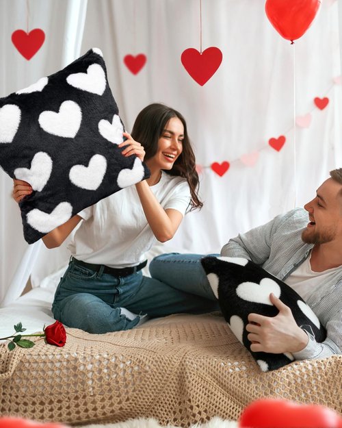 Kokaaee Valentines Pillow Covers 18x18 Inch Set of 2 - Plush Faux Fur Black White Love Hearts Valentines Day Jacquard Throw Pillow Covers Decorations Soft Home Decor for Couch, Sofa, or Bed
