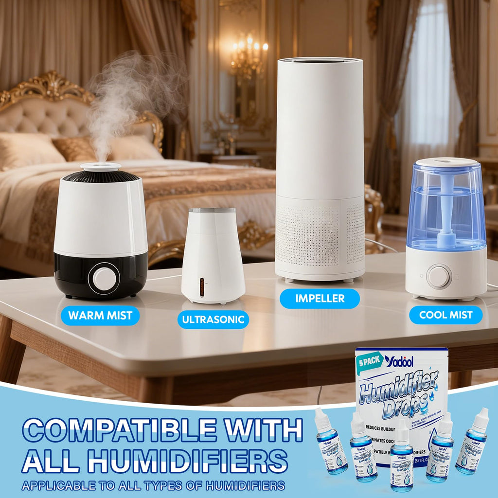Yadool [5 Pack] Humidifier Cleaner Drops, Humidifier Water Treatment Cleaning Solution for All Makes & Models - Slows Buildup & Scaling - Deeply Cleans & Deodorizes Water - 500+ Day Supply