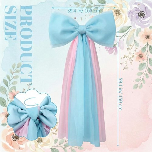 Canlierr Extra Large Pink & Blue Organza Bow Decorations - 39 x 59 Inch Tulle Bow with Long Ribbon Tails for Weddings & Parties