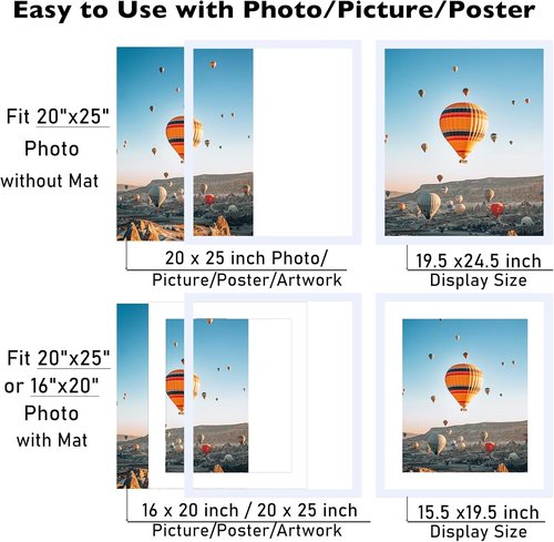 JCJMY 20x25 Picture Frame - Display 16x20 Photos with Mat or 20x25 Without Mat | White Wall Hanging Design