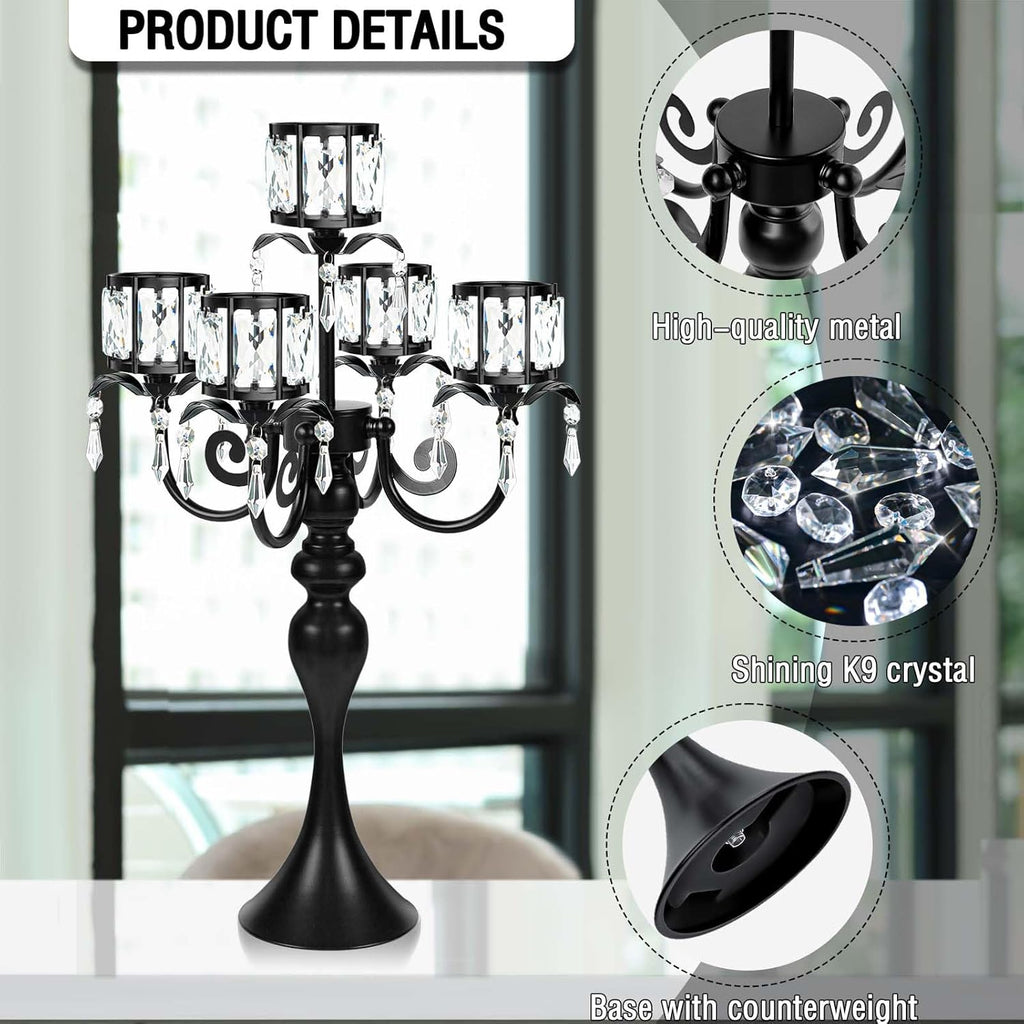 Skiennix 5-Arm Crystal Pendant Candle Holder - Elegant 22-Inch Tall Wedding Centerpiece | Black Finish