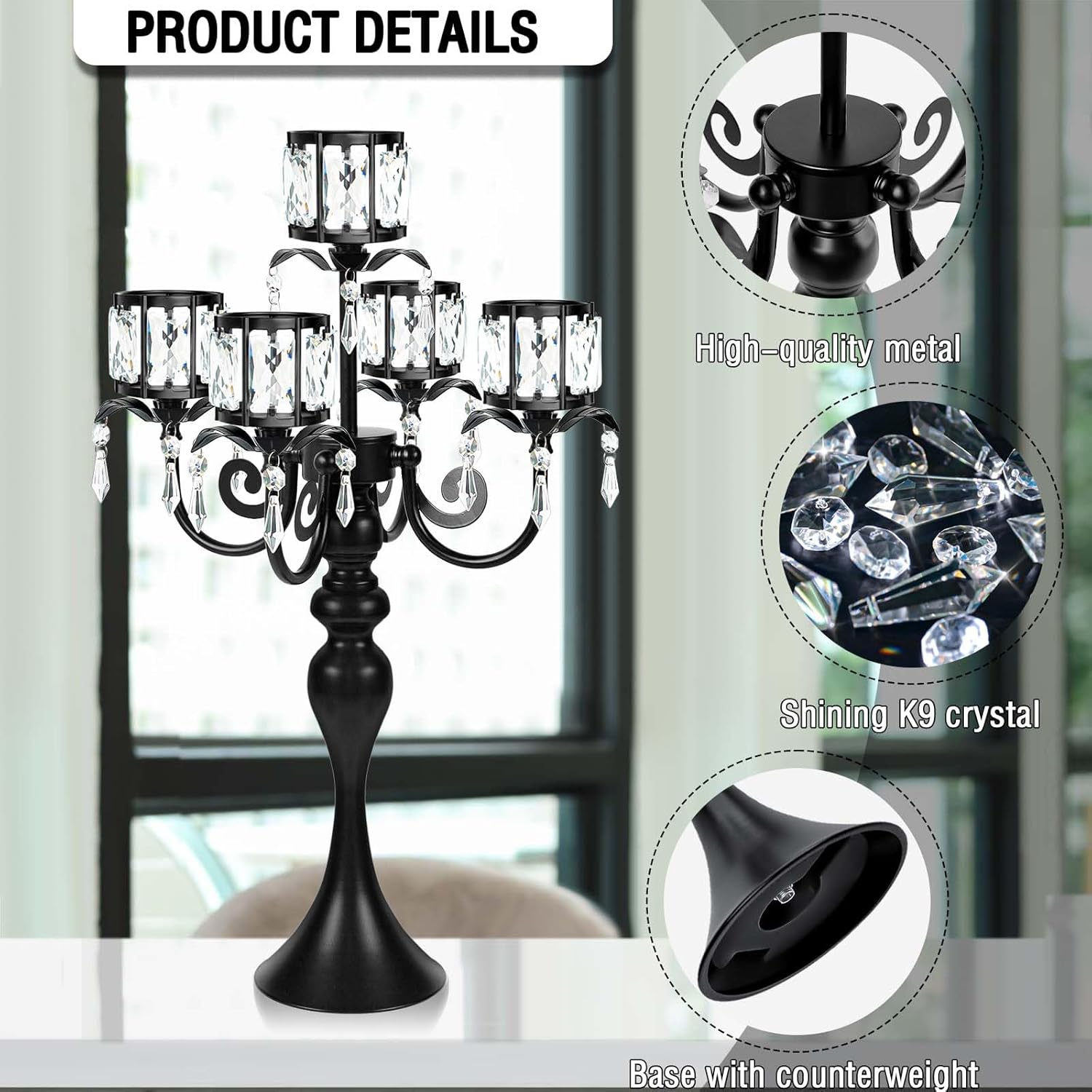 Skiennix 5-Arm Crystal Pendant Candle Holder - Elegant 22-Inch Tall Wedding Centerpiece | Black Finish