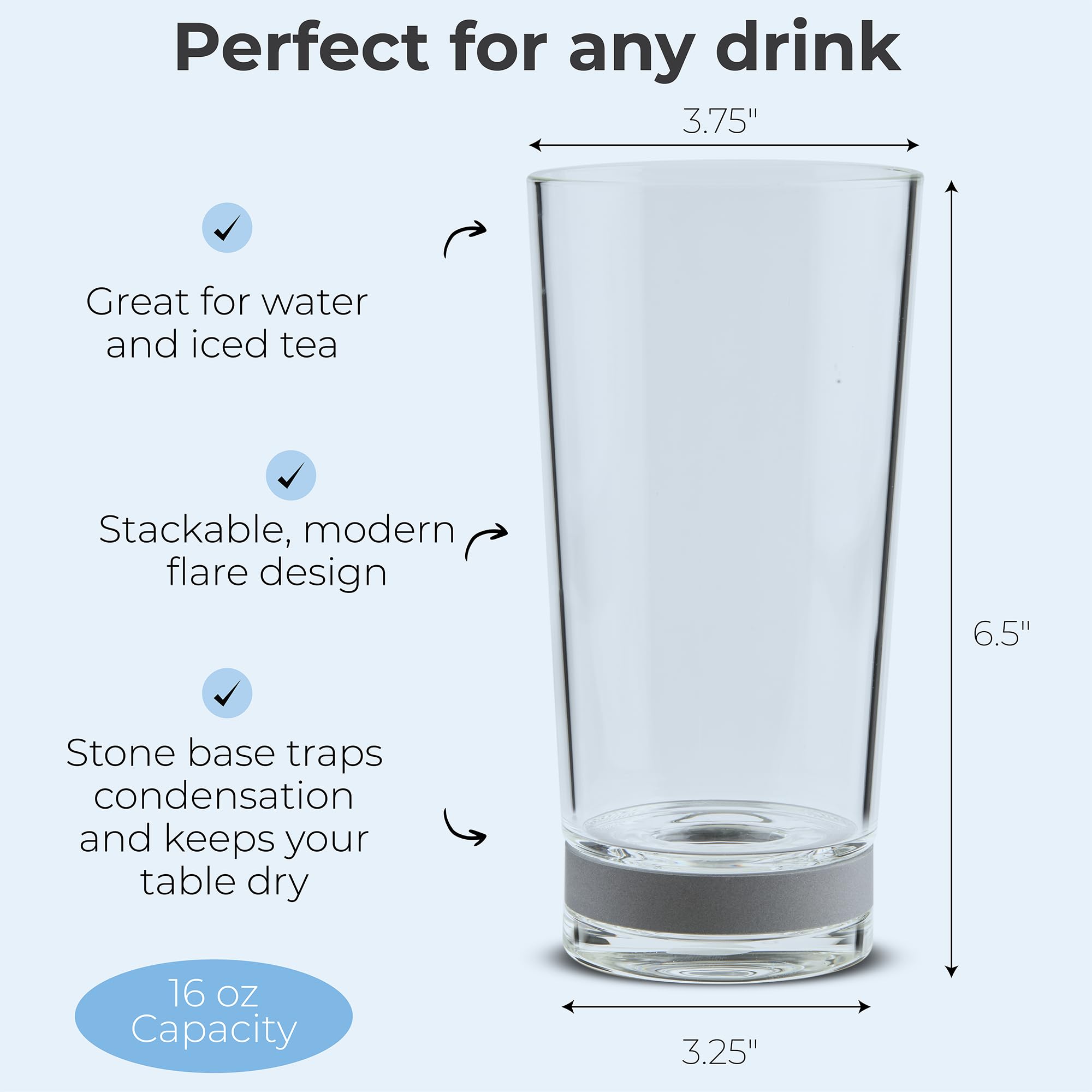 Coast Glassware The Tall – Protect Your Table – Highball Glass with Built-In Stone Coaster – Absorbent Cocktail & Water Tumblers, Set of 4, 16 oz