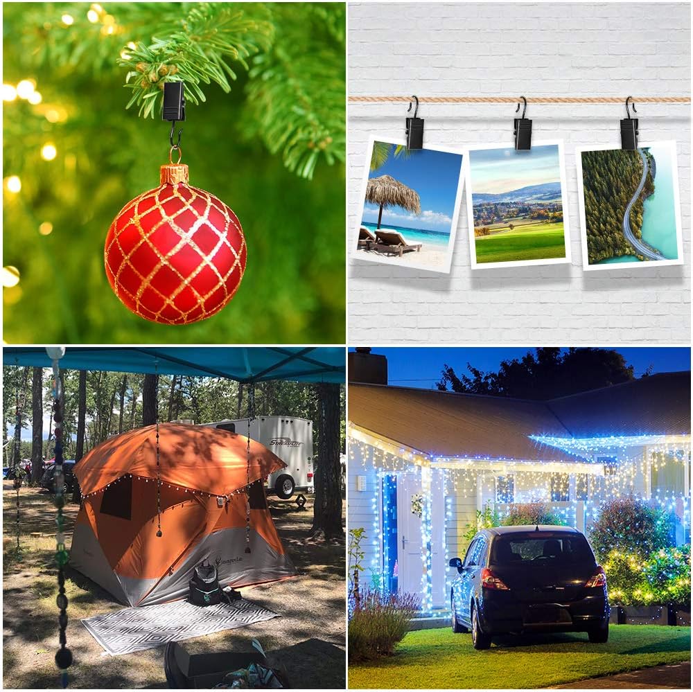 Teenitor 100 Pack Curtain Clips - Durable Stainless Steel Hooks for Outdoor String Lights | Black