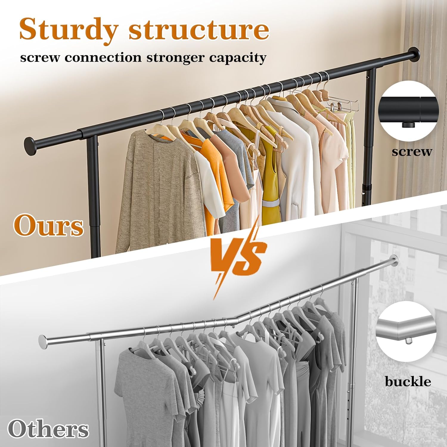 Wiracks Heavy Duty Clothes Rack - Adjustable Rolling Garment Rack with 350lbs Capacity | Black, 51-71" W x 16.53" D x 65-71" H