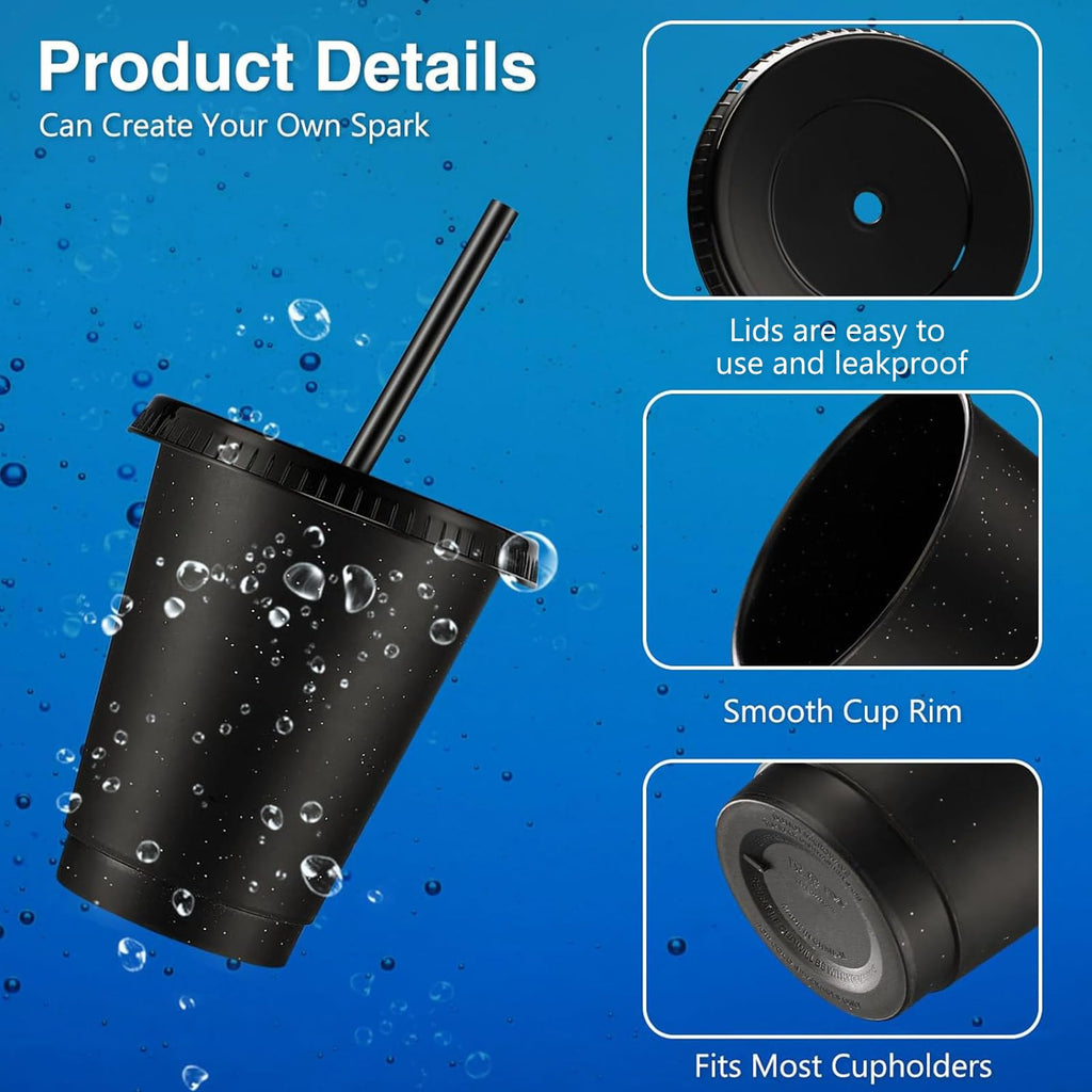 Rtteri 15 Pcs Reusable Cups with Straws and Lids 16 oz Glitter Tumblers Plastic Party Favor Cups with Lids Travel Mug Tumbler for Easter Graduation Party Iced Beverage Water(Black)