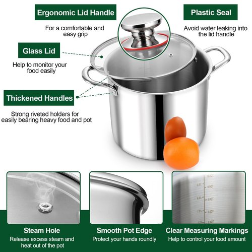 P&P CHEF 10 Quart Tri-Ply Stainless Steel Stockpot, Stock Pot with Visible Lid for Soup Pasta Vegetable, Induction Cooking Pot for All Stoves, Sturdy & Double Handle, Dishwasher Safe