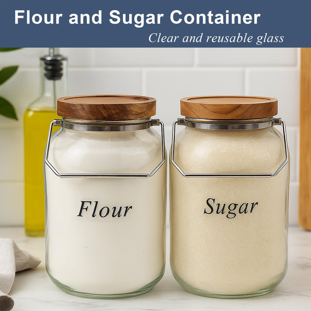 YoenKtss 2 Pack Glass Flour Sugar Storage Containers with Handle, 1 Gallon Glass Jars with Airtight Lid, Wide Mouth Large Mason Jars 128oz for Rice, Pasta, Oats, Coffee Storage