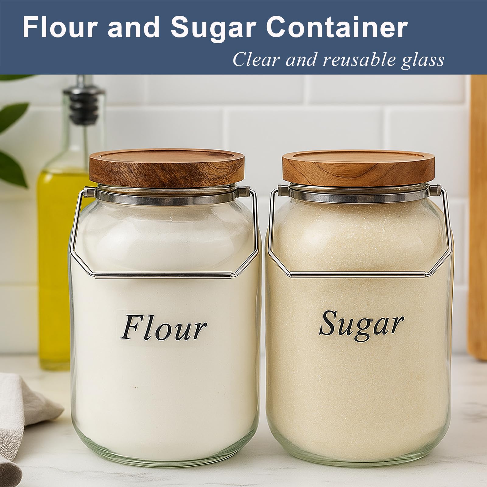 YoenKtss 2 Pack Glass Flour Sugar Storage Containers with Handle, 1 Gallon Glass Jars with Airtight Lid, Wide Mouth Large Mason Jars 128oz for Rice, Pasta, Oats, Coffee Storage