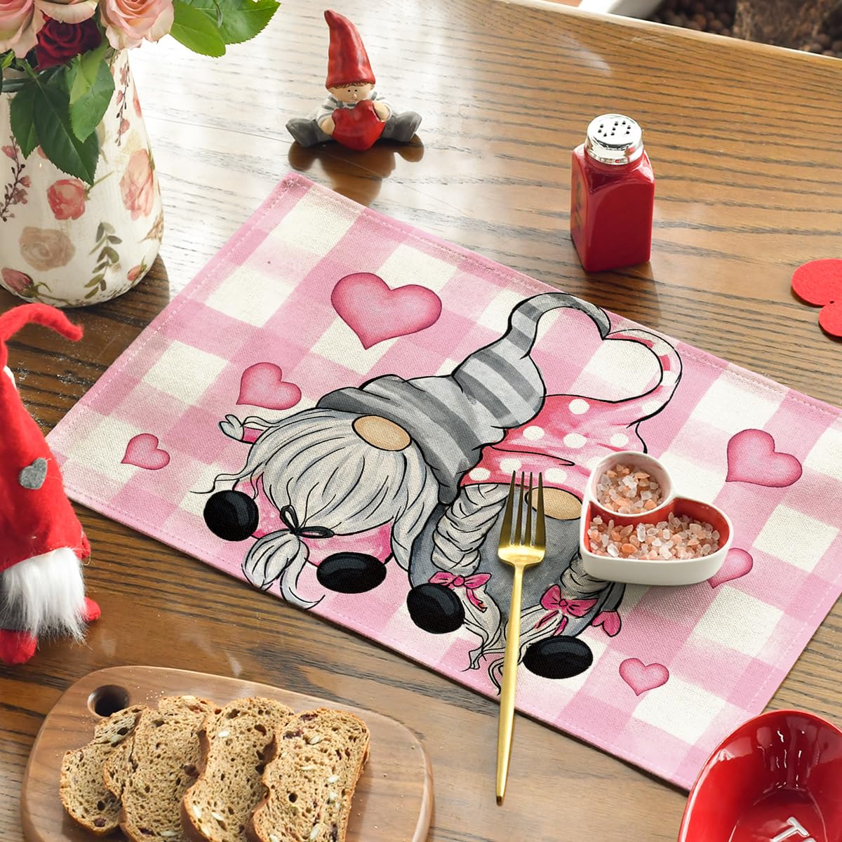 Artoid Mode Pink Buffalo Plaid Hearts Gnomes Valentine Placemats Set of 4, 12x18 Inch Seasonal Anniversary Holiday Table Mats for Party Kitchen Dining Decoration