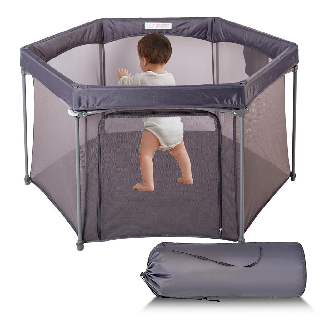 Baby Playpen 53x53 Inch, Indoor/Outdoor Portable Play Yard No Extra pad Required with Breathable Mesh Walls, Enclosed Safe Space for Babies, Quick Foldable Playpen for Home Travel Park (Grey)