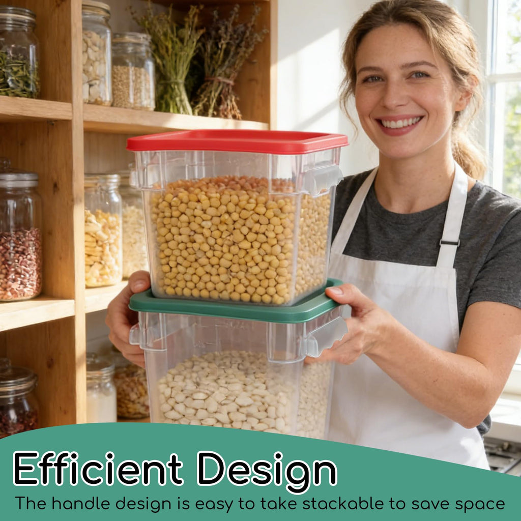 6-Pack 8 Quart Food Storage Container with Lid, Commercial Grade Square Polycarbonate 8 Qt Container with Lid, Handles & Measurement Scales, Airtight Stackable for Kitchen, Restaurant & Home Use