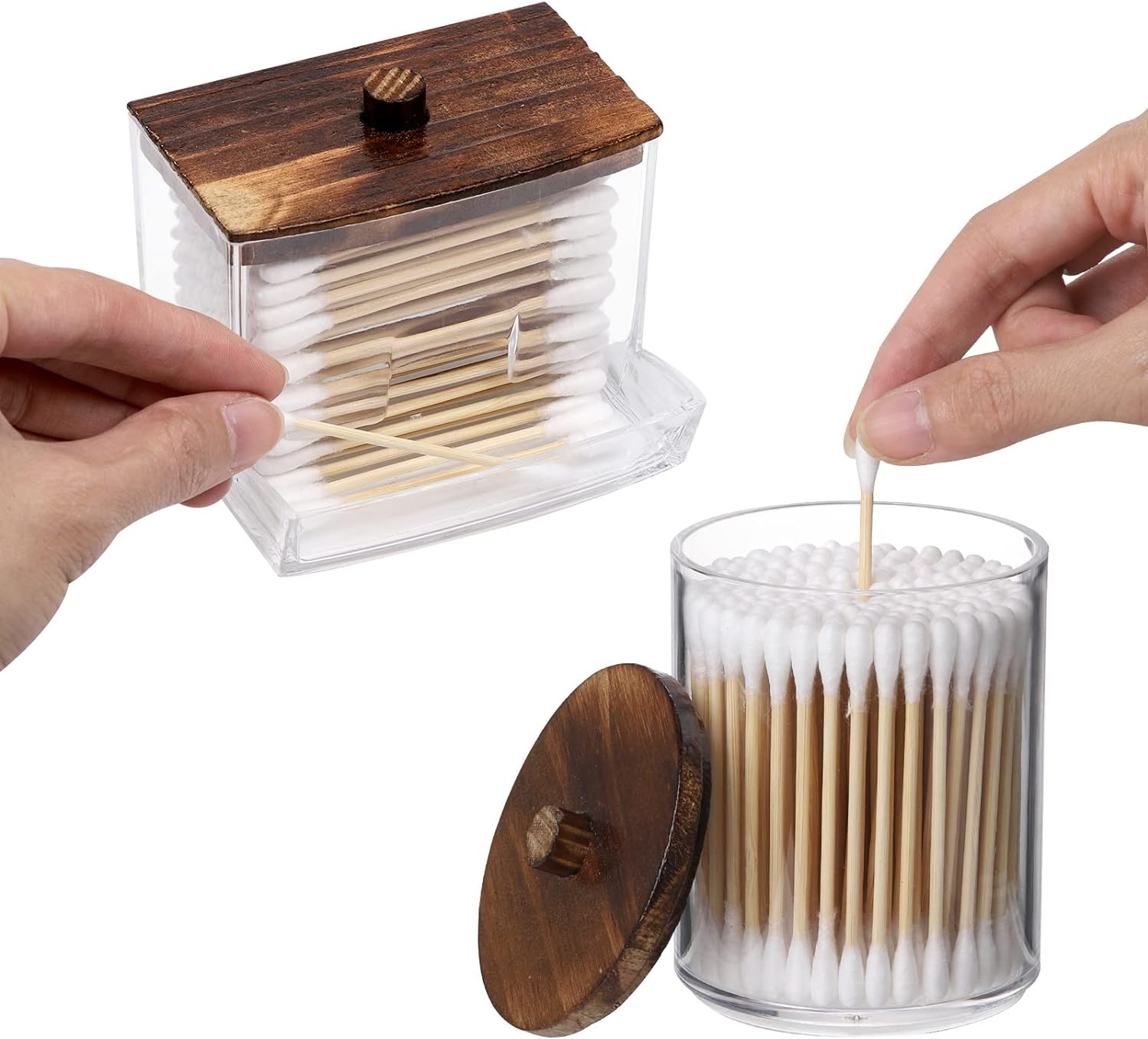 Tbestmax Cotton Ball & Swab Holder - Stylish Brown Wood Lid Apothecary Organizer Jar | 10/7 OZ, Set of 2