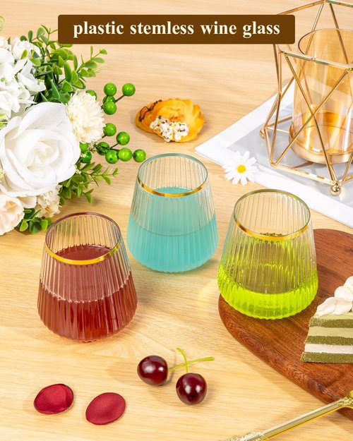 Goodluck 36 Pack 12oz Stemless Plastic Wine Glasses – Clear Ribbed Cups with Gold Rim, Fancy Reusable Disposable Drinkware for Weddings, Parties, Bars, Indoor and Outdoor Events