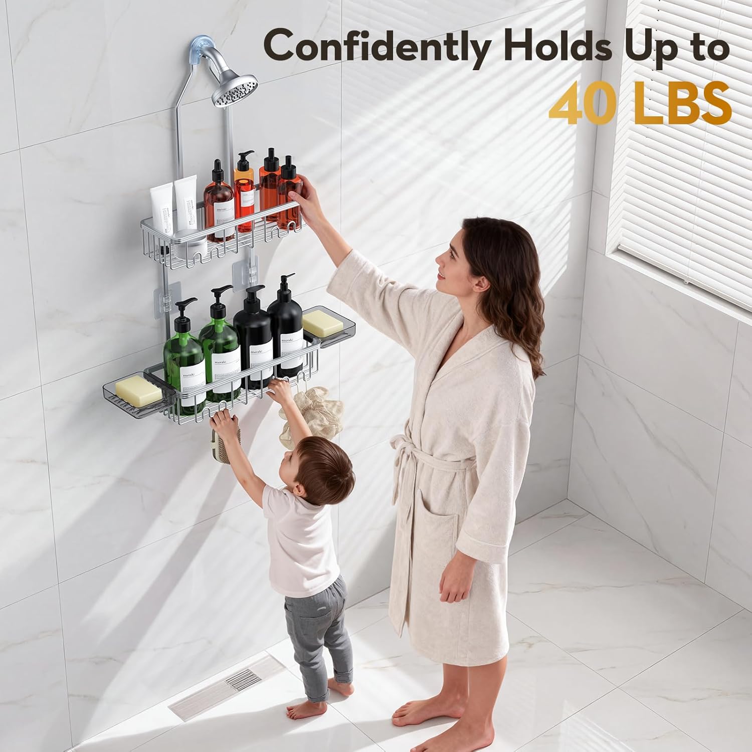 Skiennix Shower Caddy - Rust-Free Aluminum Organizer with Hooks & Soap Holder - Bright Silver