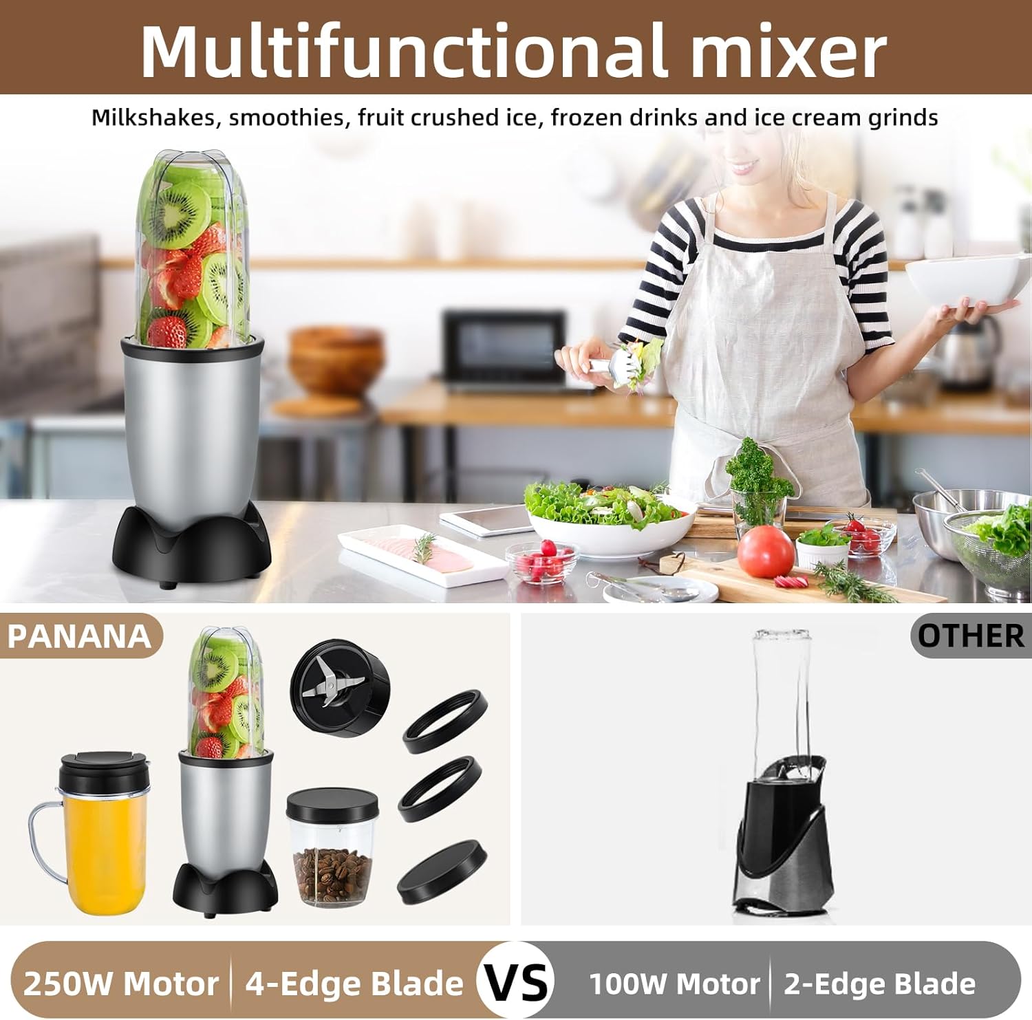 Panana Portable Personal Drink Mixer Blender - 18 Oz for Smoothies, Shakes & Food Prep | Includes Blending Blade & Extra Cups