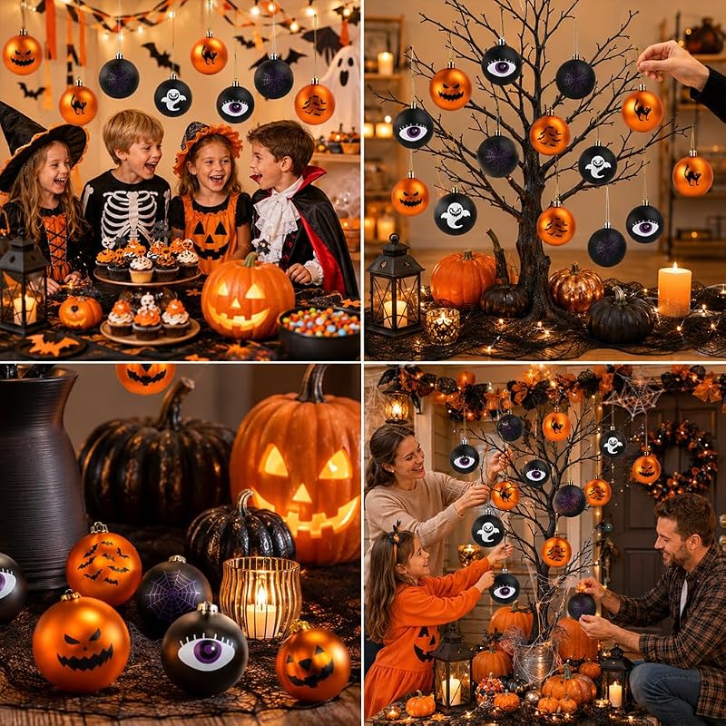 Hanging Halloween Ornaments 12-Piece Black & Orange Ball Decorations with String — 6 Designs