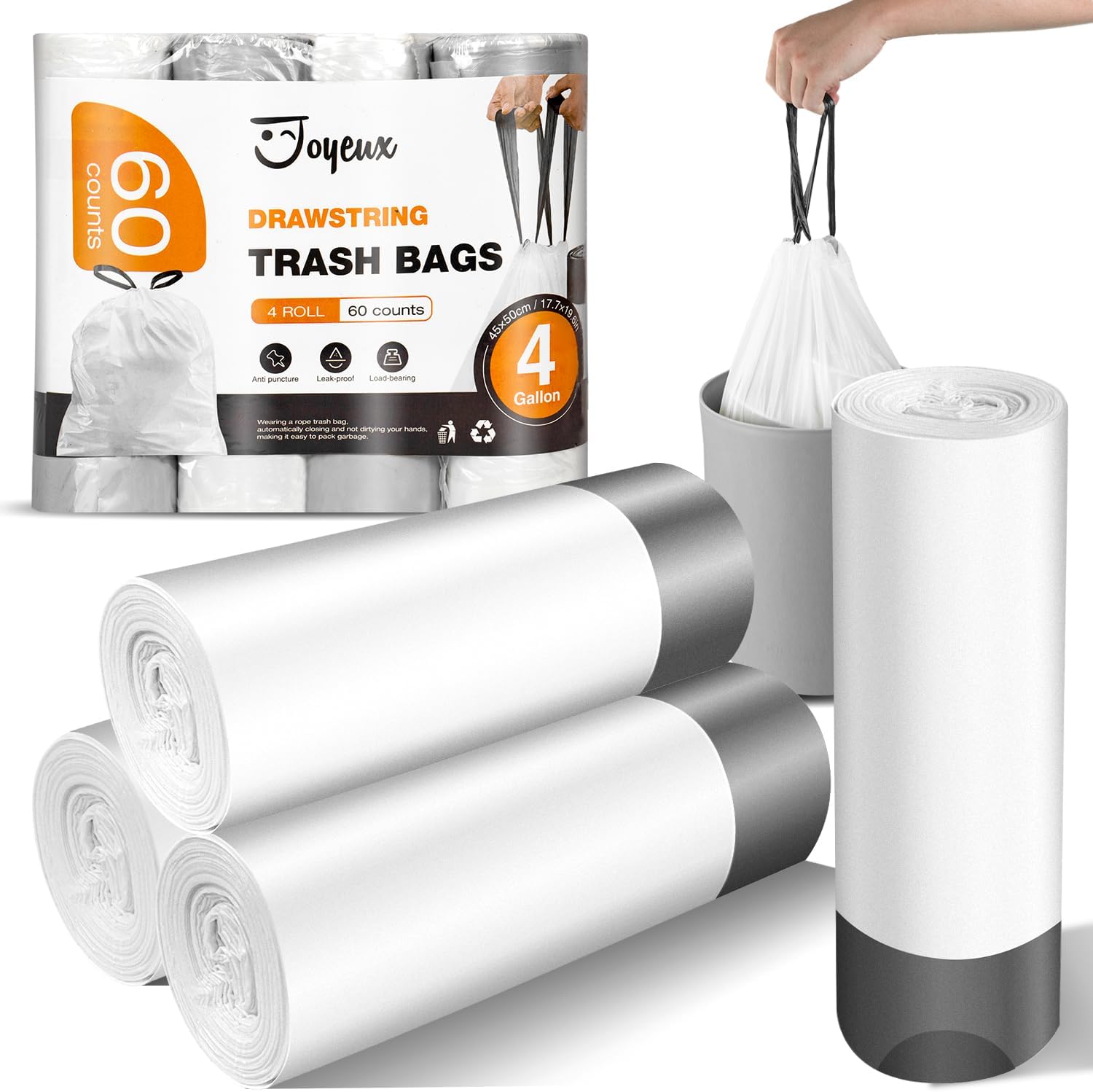 Small Trash Bags 4 Gallon - 60 Count Drawstring Garbage Bags | Unscented White Liners for Home & Office