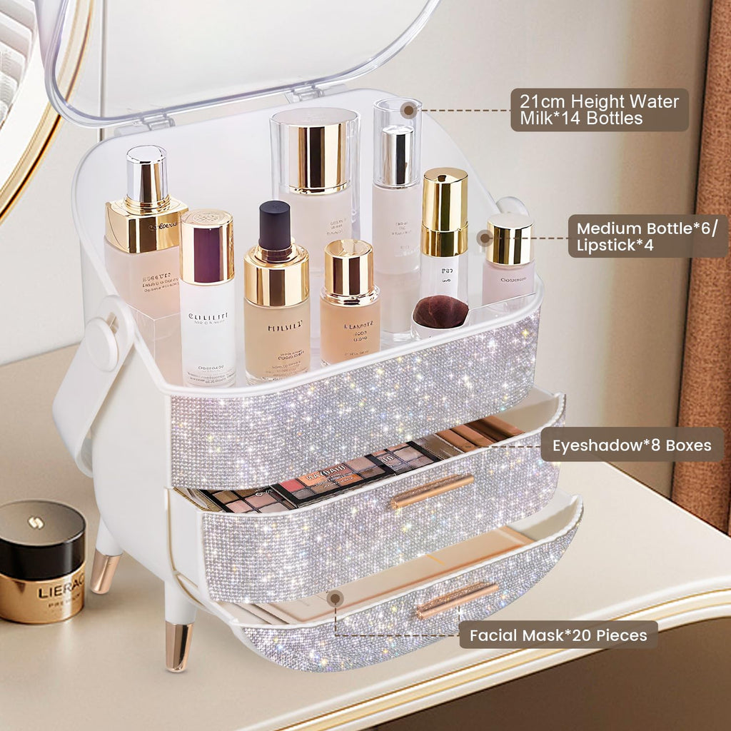 MASSY Egg Shape(Oval) Makeup Storage Box, Countertop Portable Vanity Cosmetics Organizer Preppy Style (Rhinestone White)