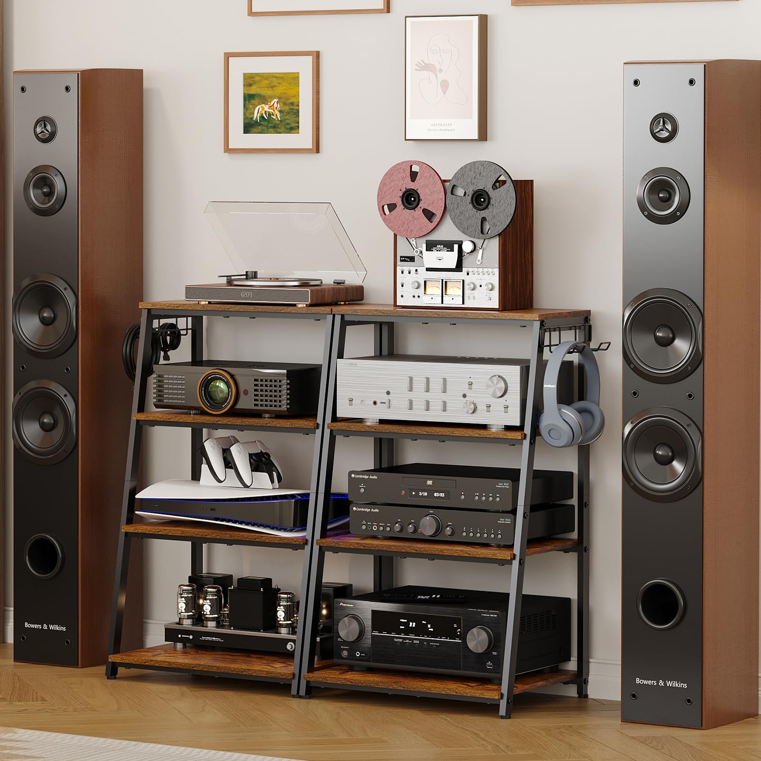 4-Tier AV Media Stand with 2 Hooks,Heavy Duty Stereo Cabinet Furniture-Large Stereo Rack and Game Console Stand,Wooden Record Player Stand,Audio Stand Perfect for DVD Players/Game Console/TV Box/Xbox