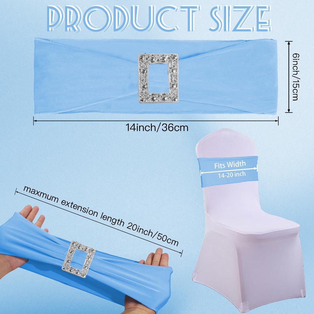 Skiennix 100 Pack Spandex Stretch Chair Sashes - Elastic Covers with Buckle Slider for Weddings & Events | Baby Blue