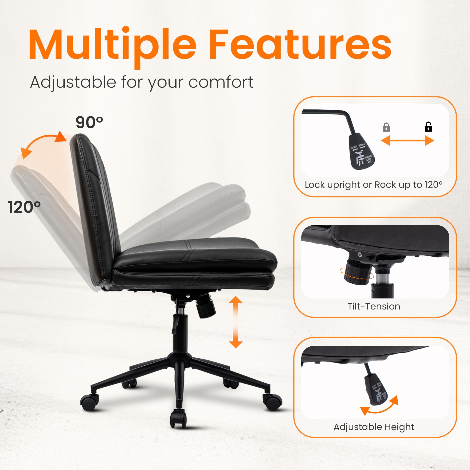 NEO CHAIR Criss Cross Chair with Wheels Armless Cross Legged Office Desk Wide Comfy Vanity Makeup Chair Adjustable Swivel Rolling Computer for Home Office PU Leather (Black)