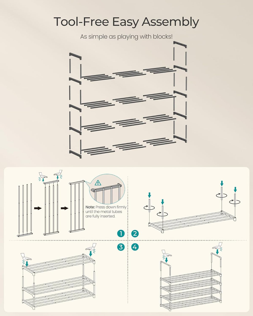 SONGMICS 4-Tier Shoe Rack - Stackable Metal Organizer for 20-25 Pairs | Black, 11.8 x 36.2 x 29.1 Inches