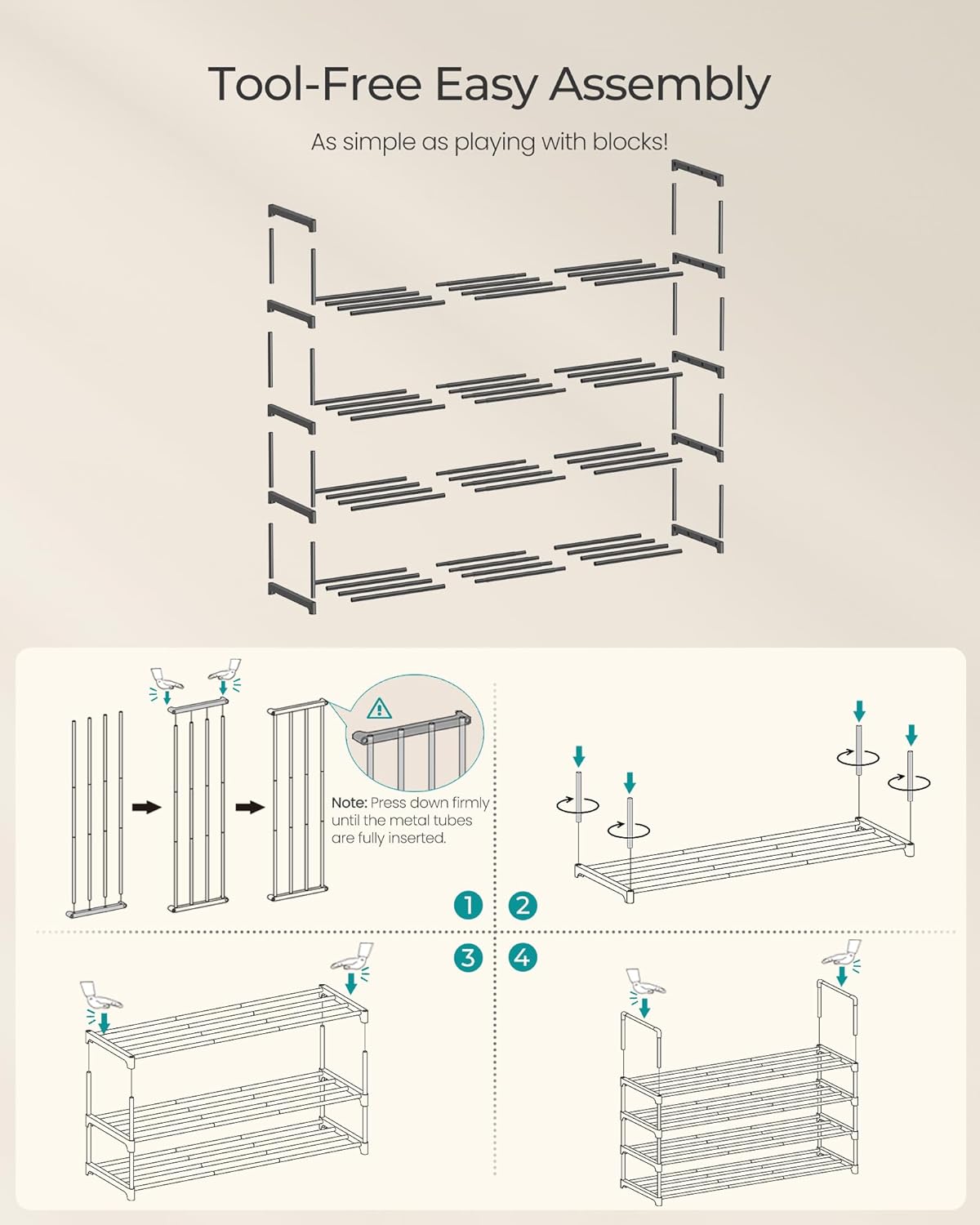 SONGMICS 4-Tier Shoe Rack - Stackable Metal Organizer for 20-25 Pairs | Black, 11.8 x 36.2 x 29.1 Inches
