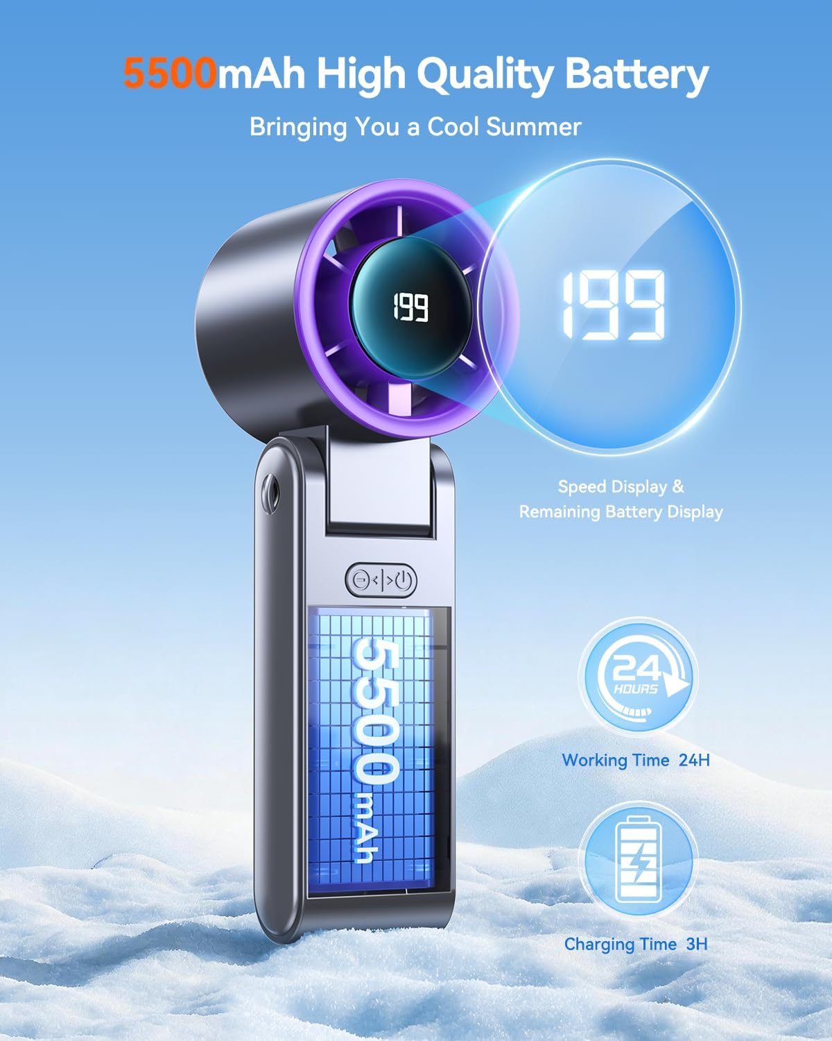 Skiennix Portable Handheld Turbo Fan - 199 Speed Settings | 24 Hours Cooling Time | Rechargeable Mini Fan in Grey Purple