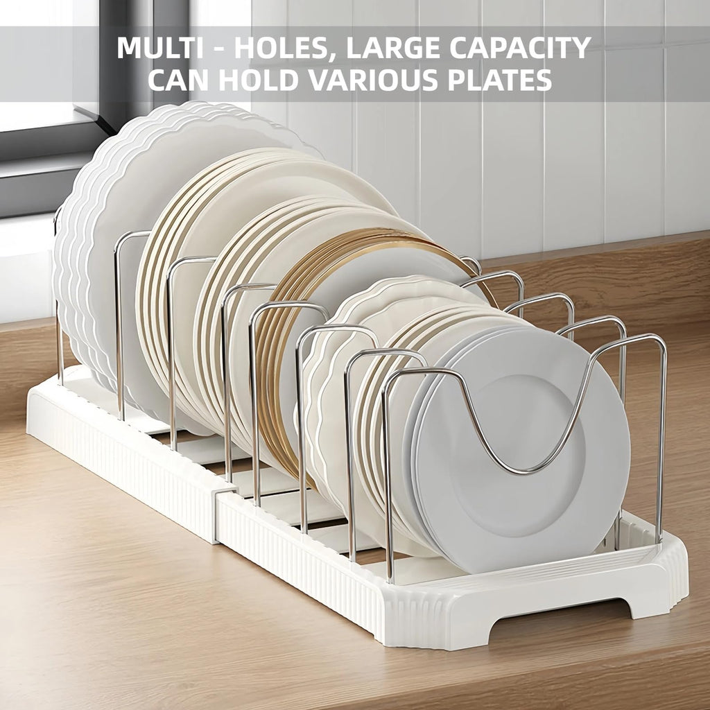 Silanit Expandable Pot and Pan Organizer Rack for Kitchen Cabinet or Under Sink, Adjustable Lid Holder with 7 Dividers, Space-Saving Storage for Renters, Small Homes, and Busy Cooks, White