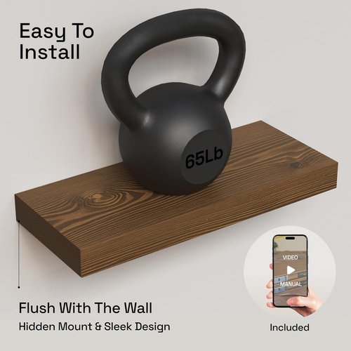 BAOBAB WORKSHOP Walnut Floating Shelves - 16 Inch Wall-Mounted Solid Wood Set of 2 for Kitchen & Bathroom