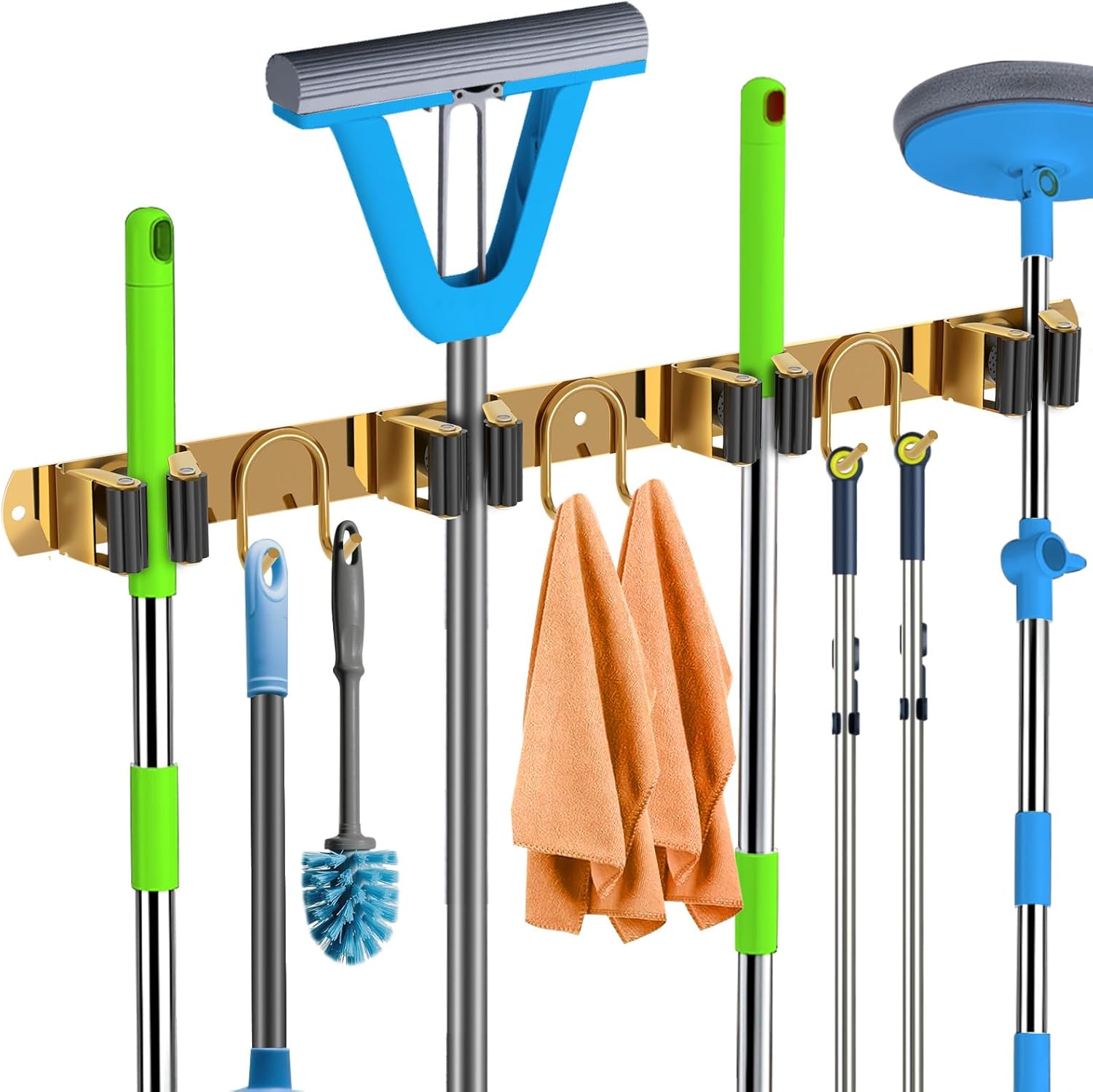 Skiennix Mop Broom Holder - Gold Stainless Steel Wall Mount Organizer with 4 Slots & 6 Hooks for Home Use