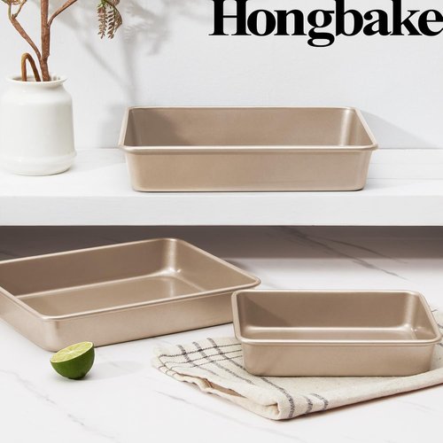 HONGBAKE Nonstick Deep Baking Pans Set - Rectangle Sheet Cake Trays for Brownies & Lasagna | 13/11/9 Inch