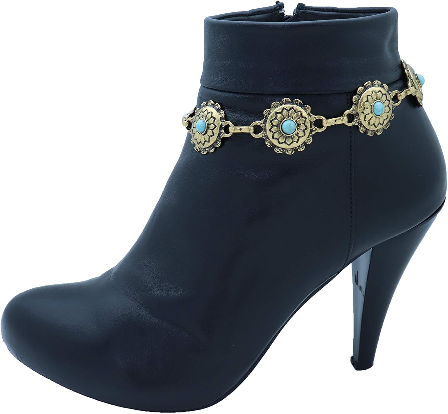 Skiennix Women's Western Antique Metal Boot Chain Anklet - Turquoise Blue Bead Flower Charm