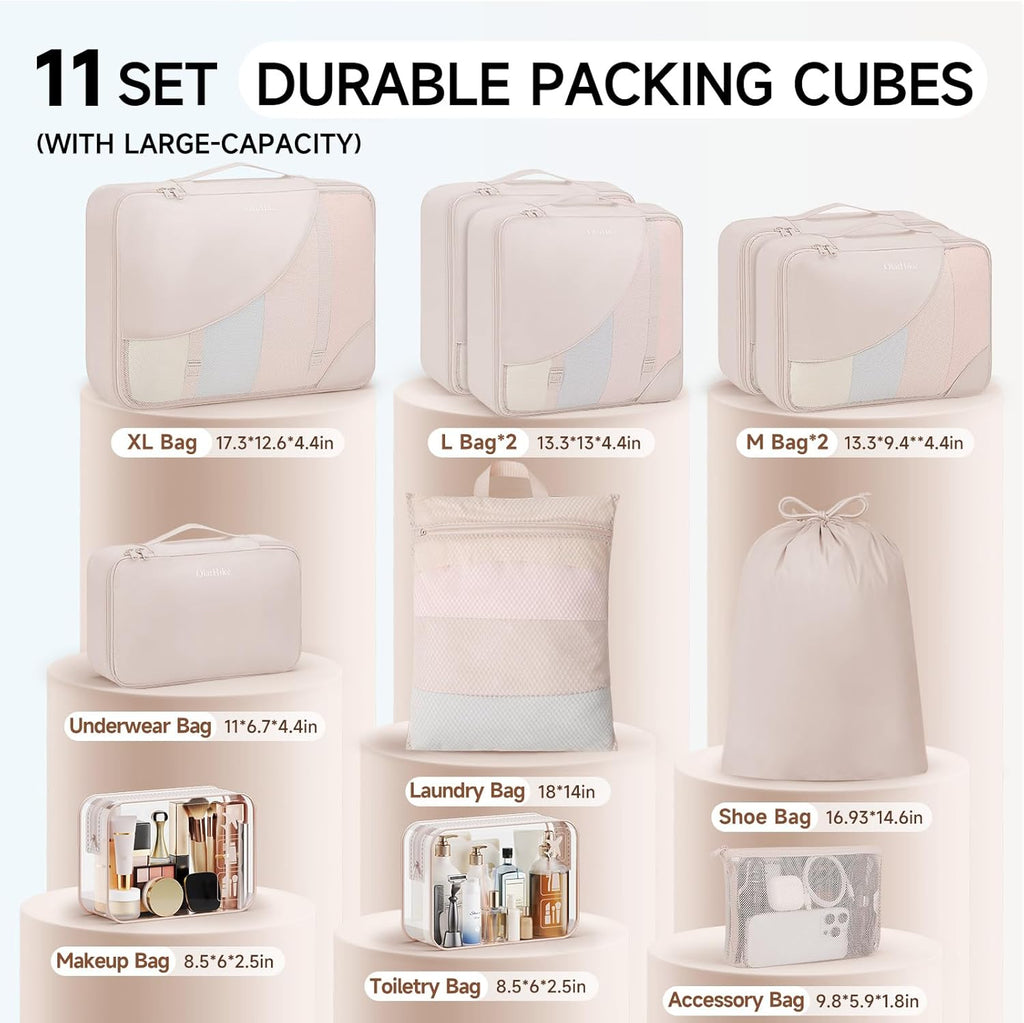 Skiennix Packing Cubes - 11 Set Travel Organizers | TSA Approved Makeup & Toiletry Bags - Beige