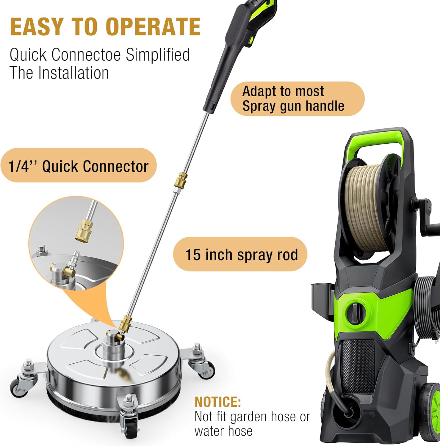 Pressure Washer Surface Cleaner - 14" Stainless Steel, 4000 PSI, 4 Wheels & 3 Nozzles for Patios