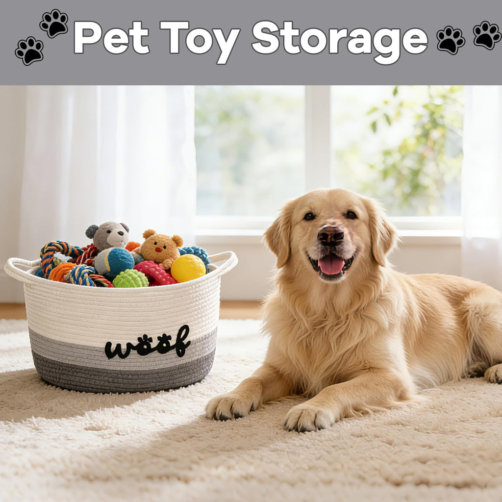 JEROKUMI Dog Toy Basket Cute Basket for Baby, Woven Basket Toy Box and Bin for Pet Cat, 15" X 10" X 9" (22L) Large Rope Basket for Blanket Storage, Living Room, Bedroom, White Gray