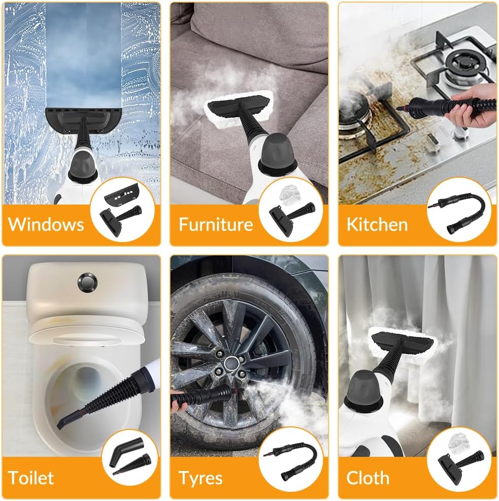 Skiennix Handheld Steam Cleaner - 12-Piece Accessory Set for Home, Car, and Upholstery - Deep Gray