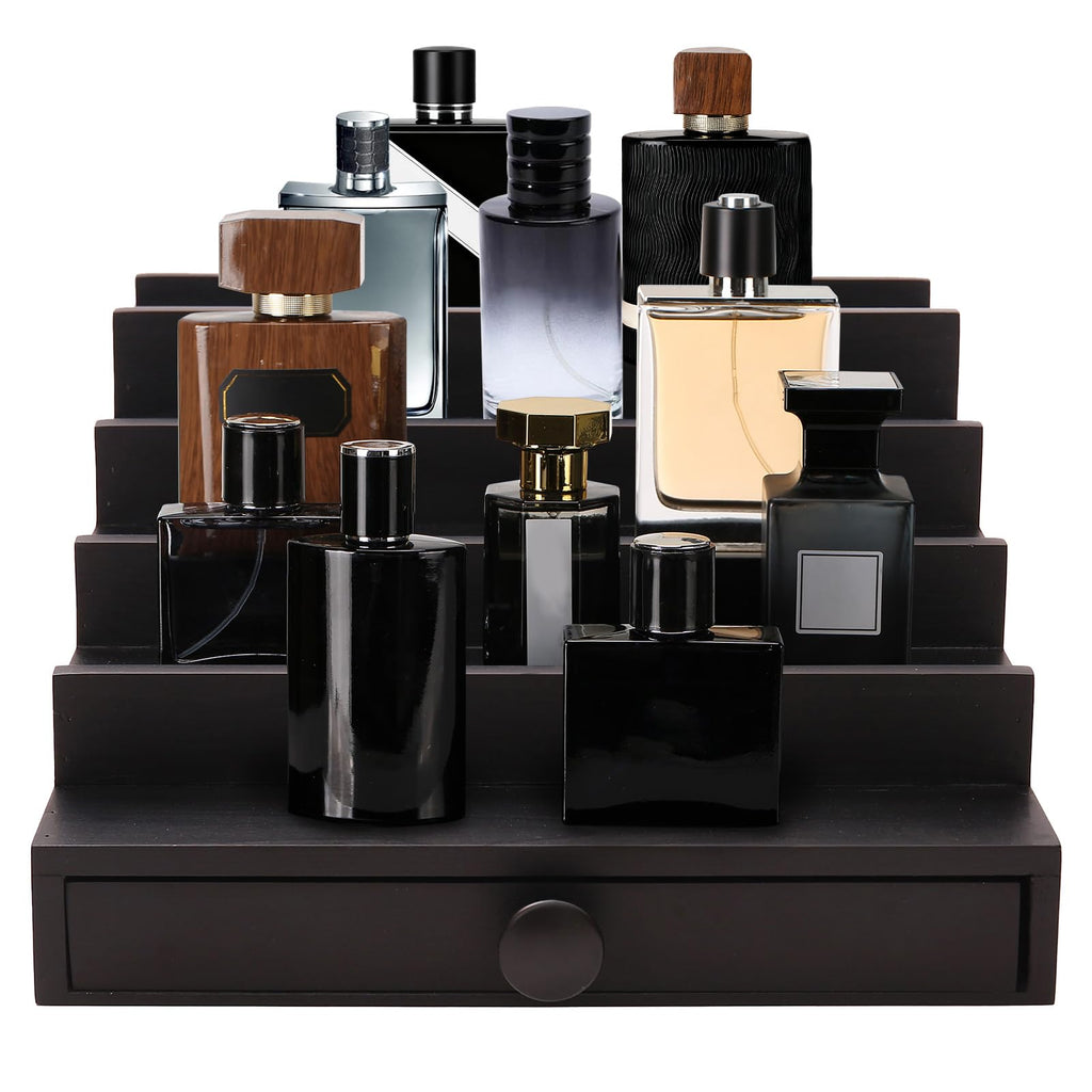 Fengligoo 5 Tier Cologne Organizer for Men - Wooden Black Cologne Perfume Display Stand with Drawer and Hidden Compartment, Mens Cologne Holder Shelf for Organizing and Storing