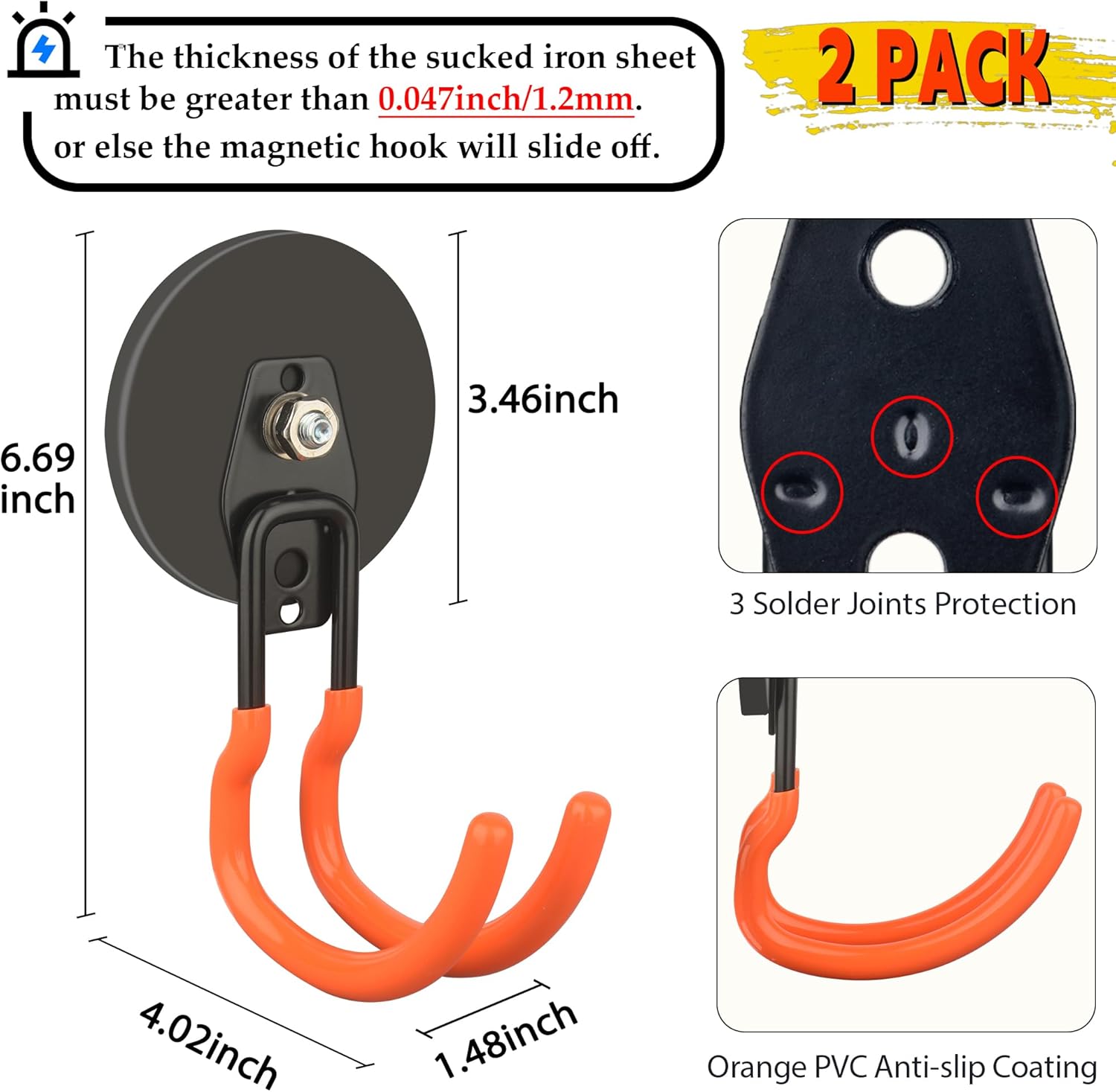 ULIBERMAGNET Ultra-Strong Magnetic Hooks - 40LB Heavy Duty Hold for Tools & Cords | 2 Pack, Orange, 3.46 Inch
