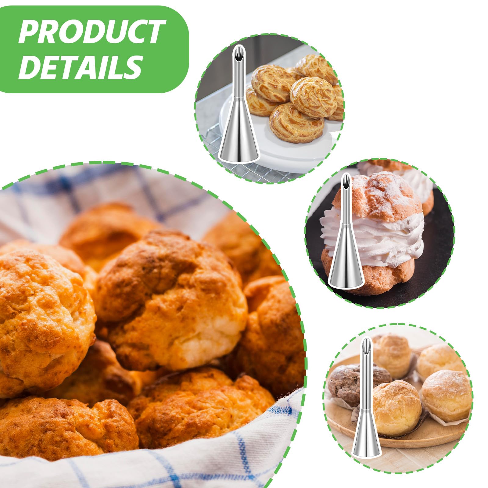 Wanmu Cream Filling Piping Tip, 3PCS Long Puff Nozzle Tips with 50 Disposable Pastry Piping Bags & Injector Tip Cleaning Brush for Donuts, Cupcakes, Cream Puffs
