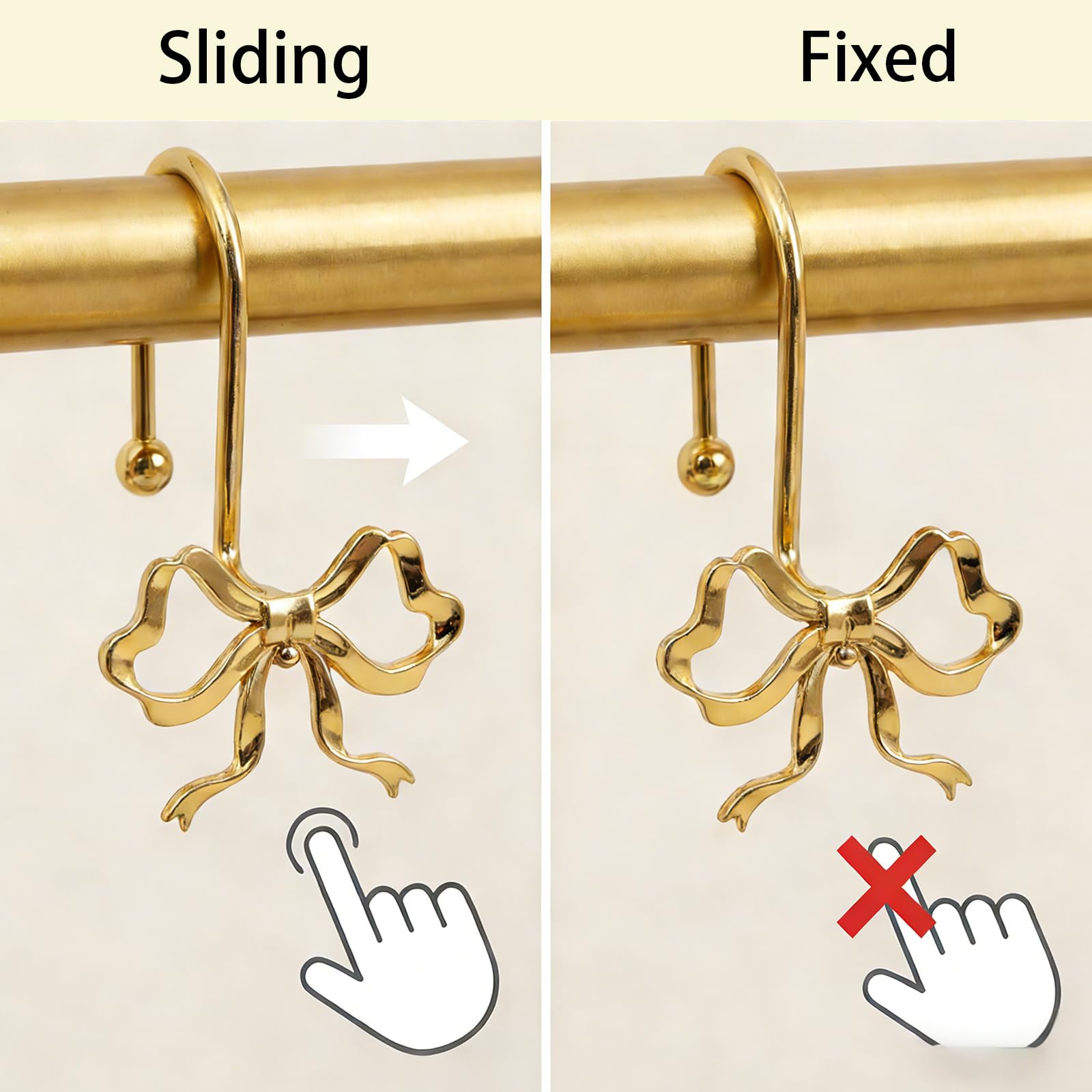 Udihch Bow Shower Curtain Hooks,12-Pack, Elegant Shower Curtain Hangers Suitable for Bathrooms, Bedrooms, Living Rooms and Children's Rooms,Easy to Slide, Fits Standard Rods. (Gold)