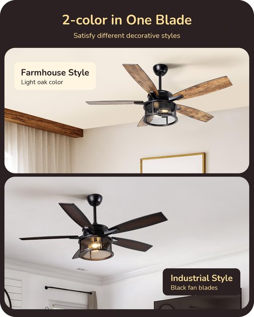 EDISHINE 52" Farmhouse Ceiling Fans with Lights and Remote, 10%-100% Dimmable, 5 Wooden Blades Lighting & Ceiling Fans with Timer, 6 Speeds Reversible DC Motor for Living Room Bedroom