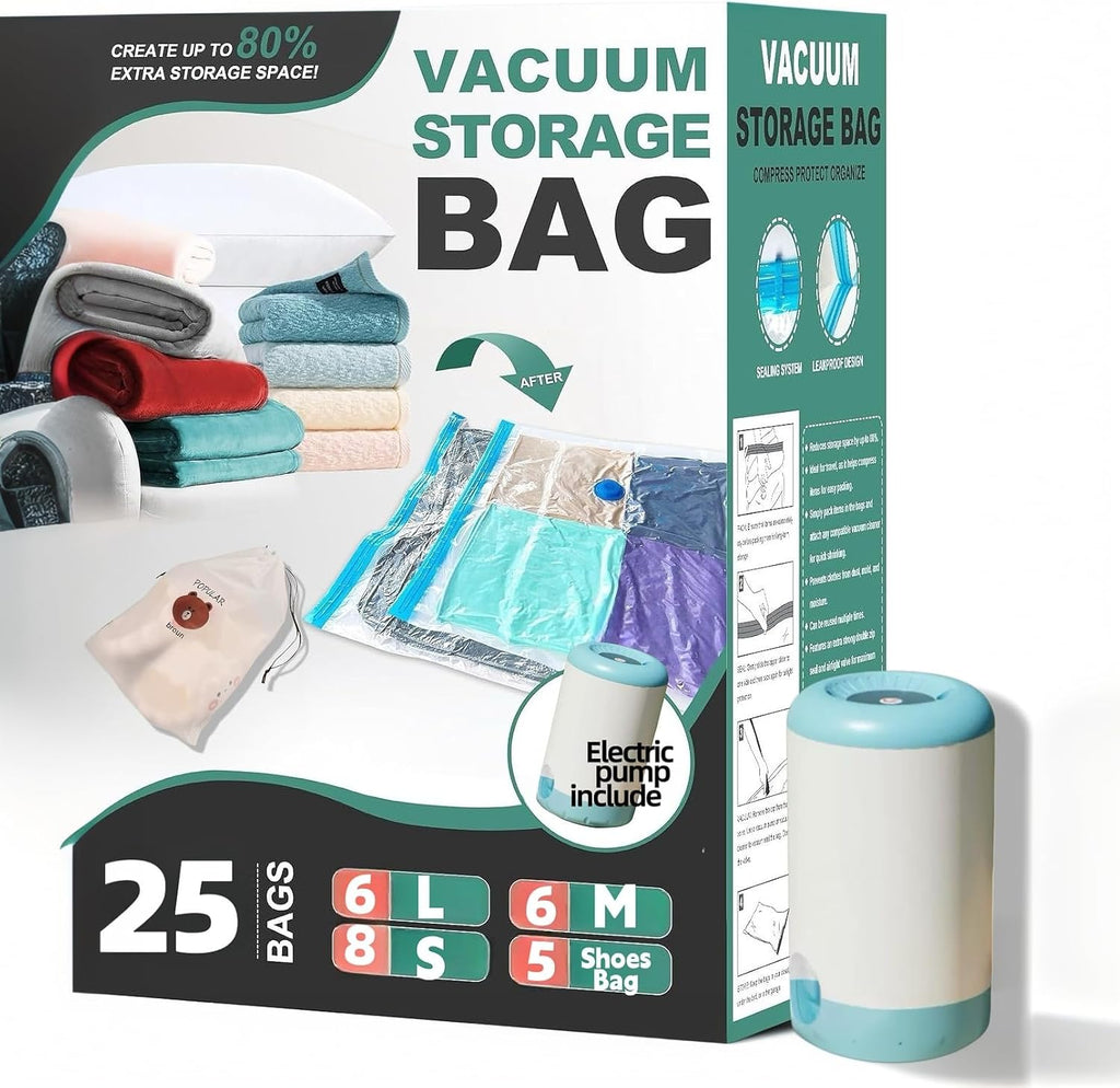 Skiennix Vacuum Bags for Travel - 25 Pack Compression Packing Bags with Rechargeable Air Pump | Space Saver for Luggage and Clothing