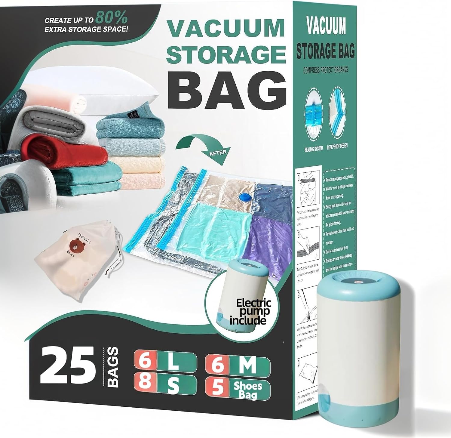 Skiennix Vacuum Bags for Travel - 25 Pack Compression Packing Bags with Rechargeable Air Pump | Space Saver for Luggage and Clothing