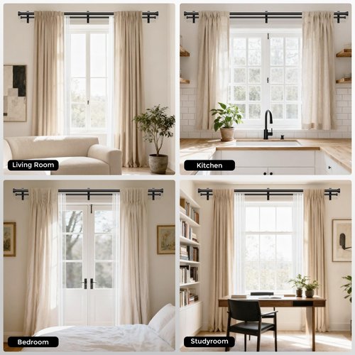 Double Curtain Rod, 1 Inch Black Extra Long Dual Curtain Rods 72 to 144 Inch with Aluminium Modern End Cap Finial, Adjustable Heavy Duty Window Treatment Rods, Telescopic Metal Double Drapery Pole Set