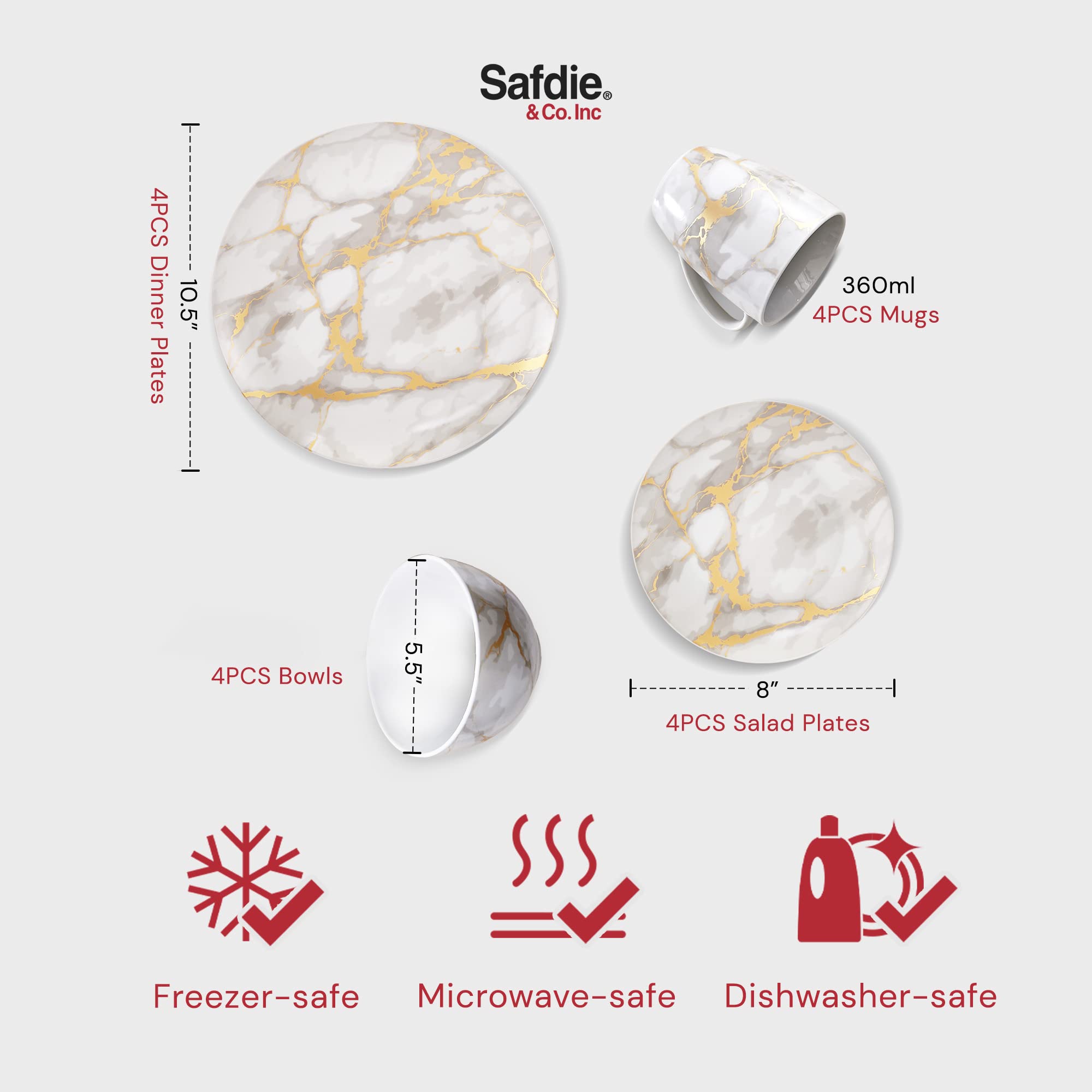 Safdie & Co 16-Piece Modern Premium Porcelain Ceramic Dinner Set, Lightweight Designed, Stackable, in Gold Marble/Gray Finish